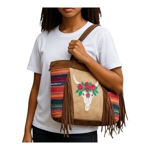 Boho Leather Serape Tote‎ Bag Cow Skull Embroidered Fringe Shoulder Bag Large